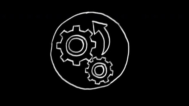 Hand Drawn Dual Gears and Arrow Animation, 4K Chalk Style Optimization and Progress Icon