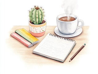 Naklejka premium Whimsical watercolor portrayal of a cozy desk setting with a tiny cactus bright notebooks and a steaming cup of cocoa featuring soft gradients blending into a harmonious color palette