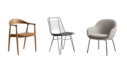 Three modern chairs, isolated on transparent background