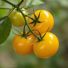 Yellow cherry tomatoes hanging on a branch. Fresh harvest, organic products, perfect for cooking and healthy eating.