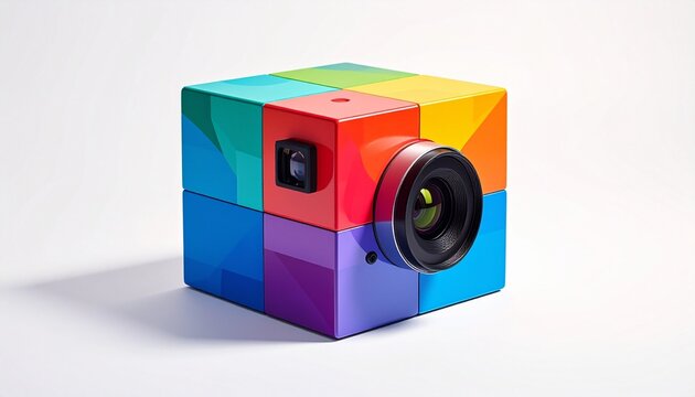 Cube-shaped camera with multicolor abstract design, metallic corners, front lens, side strap, vibrant geometric patterns in blue, red, yellow, orange, green, artistic and functional fusion - Powered by Adobe