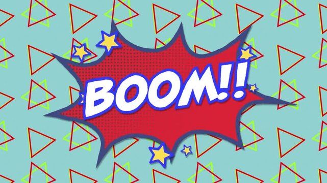 Animation of boom text on a retro speech bubble against triangle shapes in seamless pattern