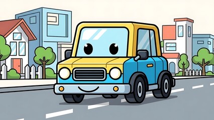 Naklejka premium Cartoon Happy Truck Driving on Road.