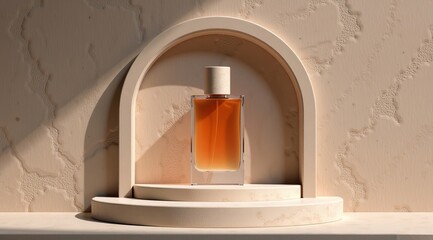 A luxurious perfume bottle located in the center of a sculptural arch made of natural stone. For mocap, brand presentation. Advertising, cosmetics, still life, high quality, stylish image.