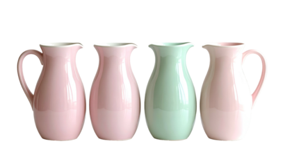 Four pastel ceramic pitchers, two pink, one green, with handles and wavy rims, black backdrop