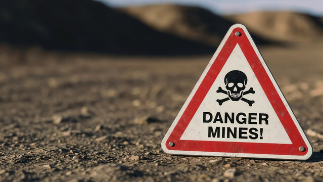 Safety sign in front of minefield in desert &ndash; symbol of danger