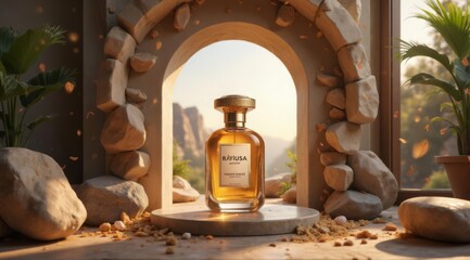 A luxurious perfume bottle located in the center of a sculptural arch made of natural stone. For mocap, brand presentation. Advertising, cosmetics, still life, high quality, stylish image.