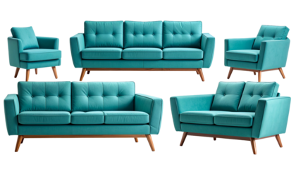Group of teal furniture sofas & chairs with wooden legs and button tufting