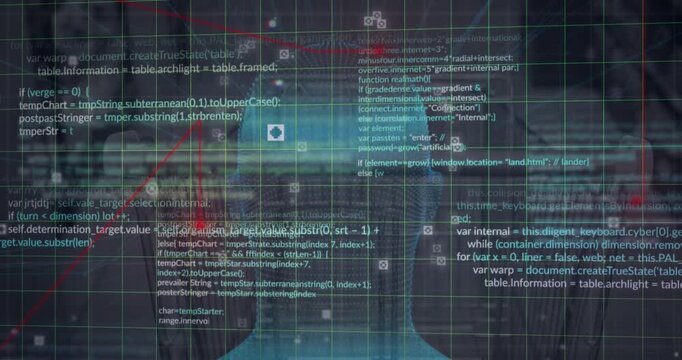 Animation of grid pattern over computer language and human digital face against abstract background