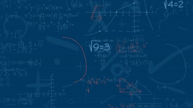 Animation of mathematical equations and diagrams floating against blue background
