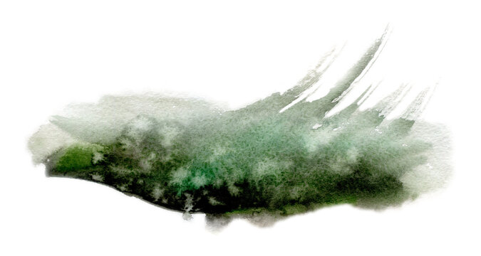Dark green watercolor smear of moss, forest floor, foggy mountain slope or swamp texture. Hand drawn isolated illustration for eco branding, outdoor themes, nature storytelling and rustic design.