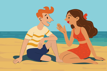 communication connection concept, young couple - friend on beach, funny gossip talking together , vector art