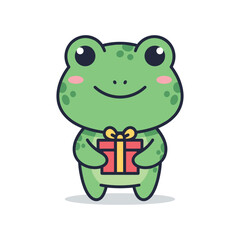 Obraz premium Cartoon Frog Holding Gift Box Vector Illustration