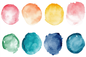 Eight transparent watercolor circles in various pastel colors are isolated on a white background. The paint stains form a collection of aesthetic design elements