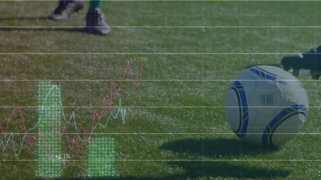 Animation of financial data processing over caucasian football player on pitch