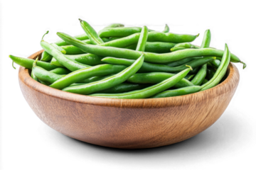 Bright green beans fill a round brown wooden bowl. The background is transparent and ready to be used