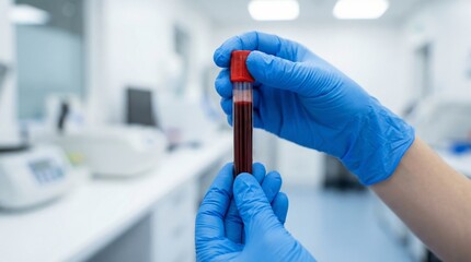 A gloved medical professional holds a blood test tube in a modern clinical laboratory, laboratory diagnostics, health analysis, and scientific research. Copy space