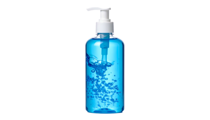 A transparent bottle holds blue liquid with a pump dispenser against a black backdrop