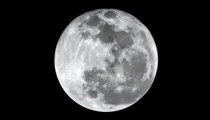 Fototapeta premium Detailed full moon against black night sky, showing craters, maria, and highlands with clear texture and contrast, emphasizing lunar geology, astronomical observation, and celestial clarity.