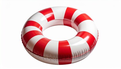 Red and white striped inflatable swim ring placed on dark surface, emphasizing bold alternating pattern and glossy texture, commonly used for water safety, pool recreation, or flotation support.