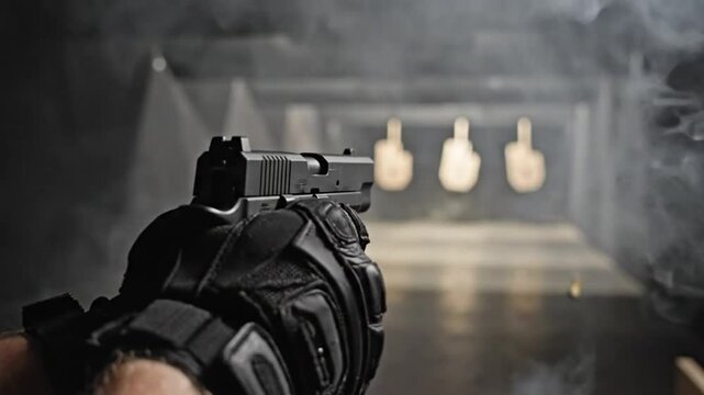 Firing a pistol in slow motion at a shooting range with smoke and muzzle flash, showing firearm use and sport