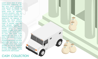Isometric armored bank car stands at the entrance to bank waiting for loading of money bags for transportation. Isolated cartoon vector concept on white background top view