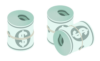 Isometric green dollar bills rolled into a tight bundle tied with a rubber band. Isolated cartoon vector on white background top view