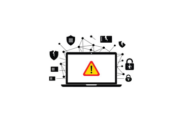 Fototapeta premium Laptop computer with warning sign on screen and various security icons around it online safety concept