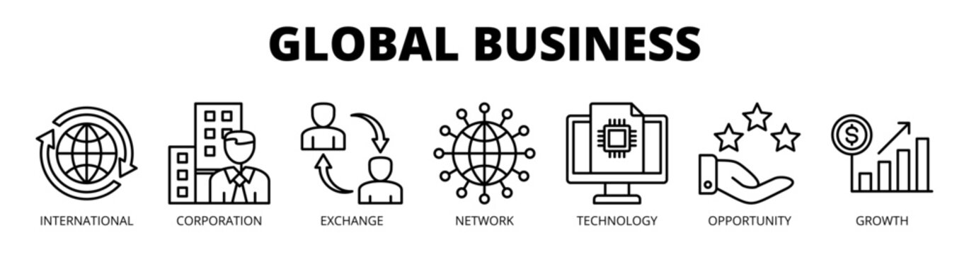Global business web banner icon vector illustration concept for international trade with icon of international, corporation, exchange, network, technology, opportunity, and growth.