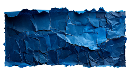 Heavily textured rectangular abstract of dark blue, torn and crumpled paper against black