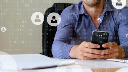 Animation of media icons and data processing over caucasian businessman using smartphone - Powered by Adobe