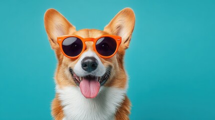 Cheerful corgi dog wearing stylish orange sunglasses against a vibrant blue background