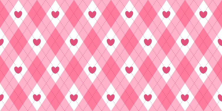 Pink argyle seamless pattern with hearts. Cute romantic geometric background for Valentine's Day, wrapping paper, textile, and wallpaper. Sweet girlish diamond plaid illustration.