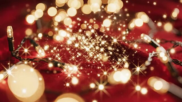 Close up view of illuminated string lights on red background