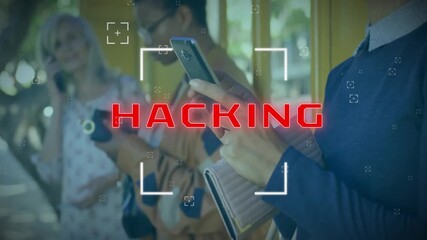 Animation of hacking text and data processing over asian businessman using smartphone - Powered by Adobe