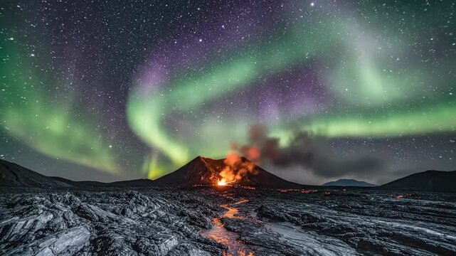 watching eruptive lava glow under vibrant northern lights over volcanic terrain