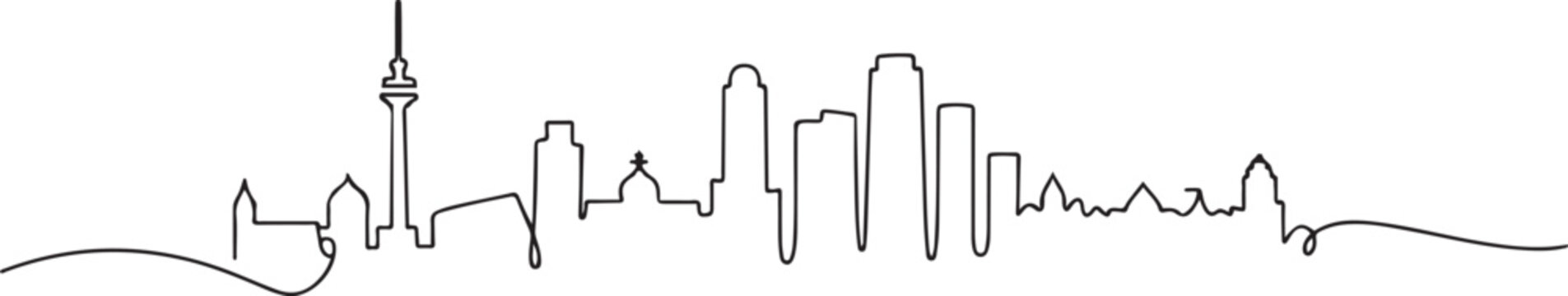 One continuous line drawing of Madrid city skyline, Spain. Beautiful skyscraper. World landscape tourism travel vacation wall decor poster concept. one line Icon drawing