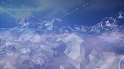 Processing data animation over network connections in abstract geometric landscape - Powered by Adobe