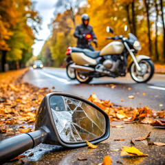 Close-up of shattered motorcycle mirror and debris on road