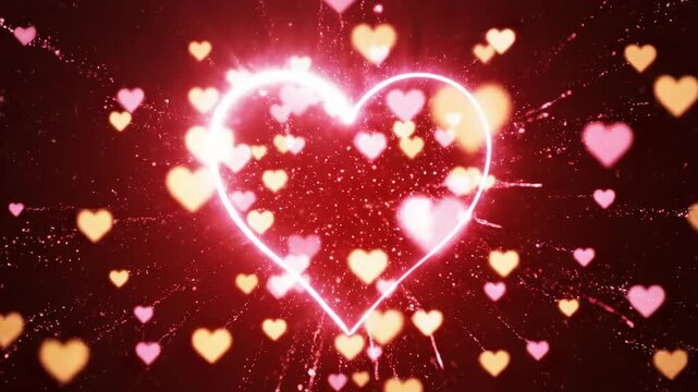 Glowing neon heart outline explodes with sparkling light and soft bokeh hearts on a dark red background, creating a romantic atmosphere ideal for Valentine, wedding or love themed projects.
