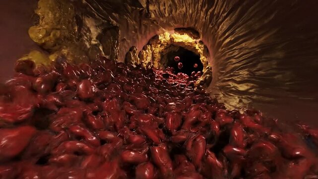 Cholesterol plaque building up in artery with red blood cells moving through vessel in 3d medical animation