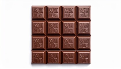 Obraz premium Milk Chocolate Bar with Leaf-Patterned Segments in 3x5 Grid on White Background