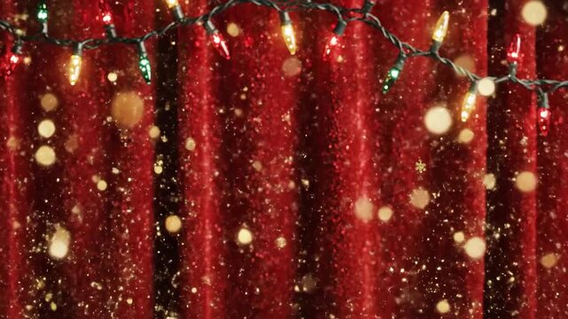 Decorative lights illuminated against a red fabric backdrop for festive ambience