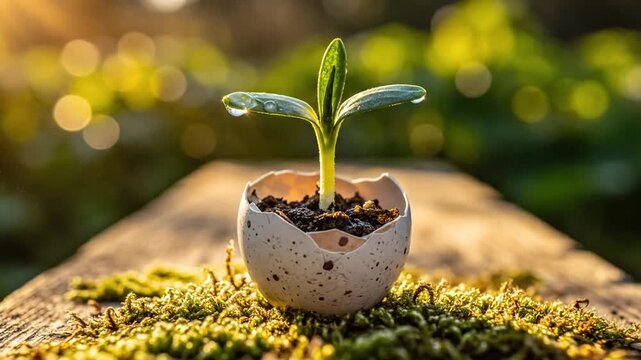 A vibrant green sprout emerging from a cracked eggshell, resting on a mossy surface, with soft sunlight filtering through a lush background, symbolizing new beginnings and growth