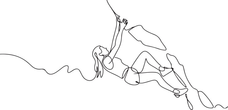 Single continuous line drawing of young muscular climber woman climbing hanging on mountain grip. Outdoor active lifestyle and rock climbing concept. one line Icon drawing