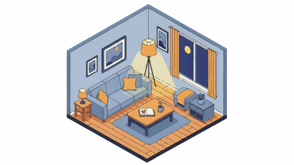 Obraz premium Isometric illustration of a modern living room interior with furniture and decor.