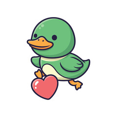 Cute Cartoon Green Duck Holding Red Heart Illustration