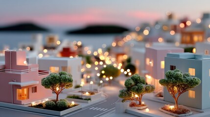 Miniature Cityscape at Sunset: A charming miniature town comes alive at dusk, the streets and buildings bathed in the soft glow of streetlights and the warm hues of the setting sun.