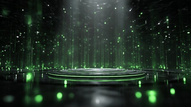 Data backend concept shows green flow with light effects in a circular layout - Powered by Adobe