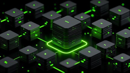 Backend systems display green glow in center with minimal lighting around